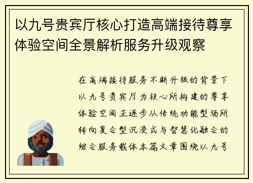 以九号贵宾厅核心打造高端接待尊享体验空间全景解析服务升级观察